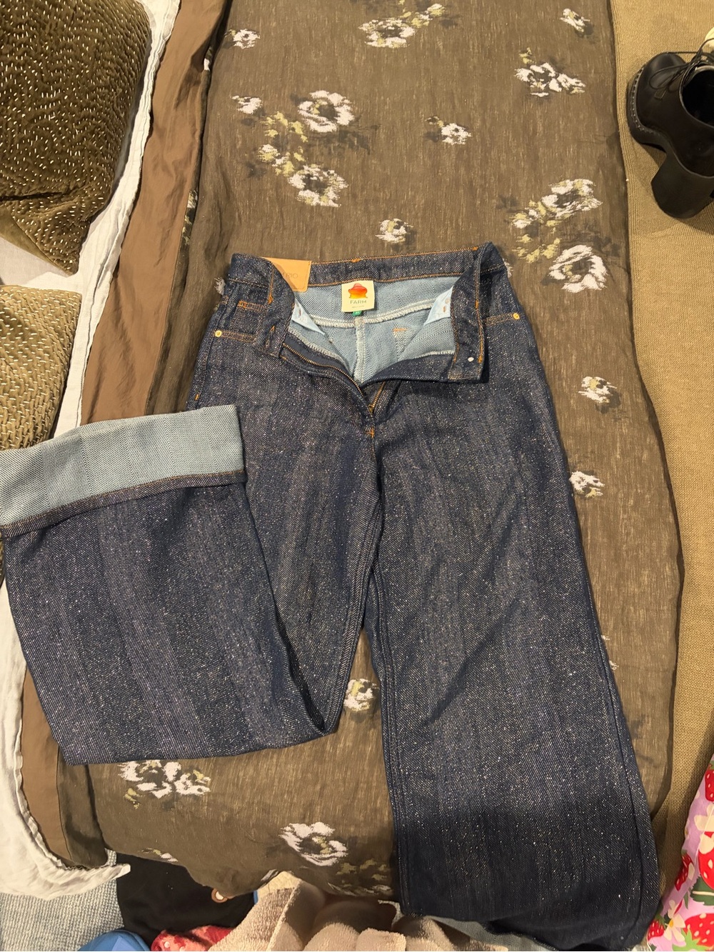 FARM Rio Dark Blue Wide Leg Jeans with Subtle Metallic Sheen